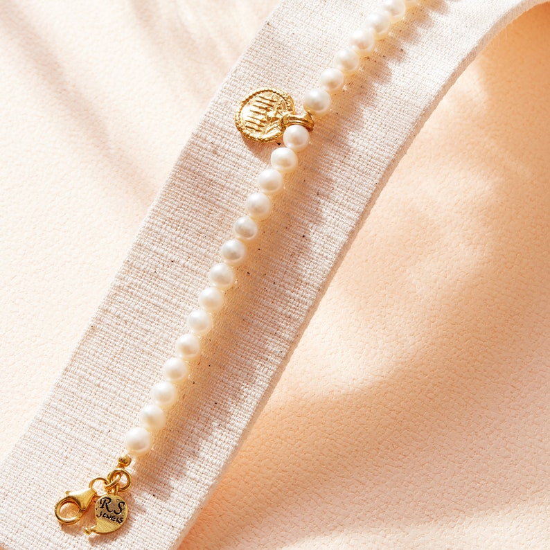 Pearl Beaded Bracelet, Gold Pendant Bracelet, Indian Amulet Jewellery, Pearl and Gold Bracelet, Antique Gold Charm Bracelet, Indian Bracelet image 5
