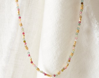 Tourmaline and Gold Beaded Short Skinny Necklace, Multicoloured Tourmaline beaded necklace, 18K Gold and Silver, October birthstone