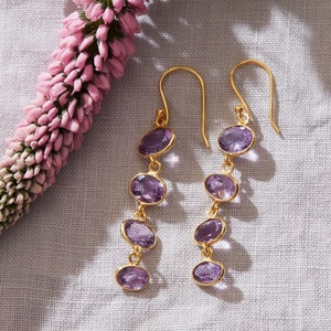 Garnet Gemstone Pebble Earrings, Red Gemstone Drop Earrings, 18K Gold and Silver, Deep Red Gemstone Long Drops Amethyst