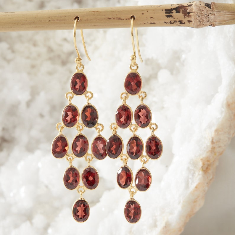 Garnet and Gold Chandelier Drop Earrings, Gemstone and Gold Chandelier Earrings, Chandelier Statement Earrings, January Birthstone Jewellery Garnet