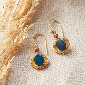 Opal Antique Style Earrings, Blue Opal Etruscan Drop Earrings, 18K Gold and Silver, October Birthstone Jewellery, Indian Style image 2