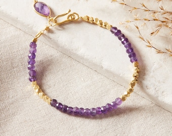 Amethyst Beaded Antique Gold Bracelet, Purple Gemstone Bracelet, Friendship Bracelet, February Birthstone Bracelet, 18K Gold and Silver