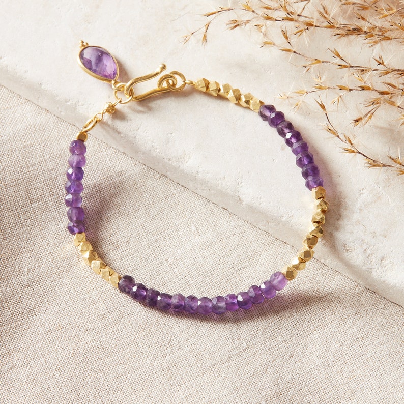 Amethyst Beaded Antique Gold Bracelet, Purple Gemstone Bracelet, Friendship Bracelet, February Birthstone Bracelet, 18K Gold and Silver image 1