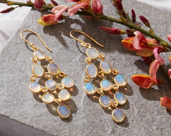 Opal Chandelier Earrings, Opal Gemstone Dangly Earrings, Opal Statement Gold Vermeil Earrings, October Birthstone Jewellery, Opal Earrings