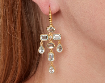 Blue Topaz Gold Plated Statement Chandelier Earrings, December Birthstone Jewellery, Pale Blue gemstone Earrings, Statement Earrings,