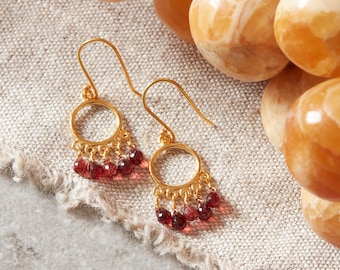 Garnet cutstone Hoop Drop Gold and Silver Earrings, Red Gemstone Dangle Hoop Earrings, January Birthstone Jewellery, 18K Gold and Silver