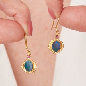 Opal Antique Style Earrings, Blue Opal Etruscan Drop Earrings, 18K Gold and Silver, October Birthstone Jewellery, Indian Style image 5