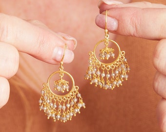 18K Gold Sterling Silver Labradorite Beaded Hoop circle Earrings, sparkly grey labradorite multi gemstone dangly statement earrings,
