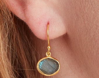 Labradorite Gold Oval Earrings, Grey Gemstone Drop Earrings, Simple Drops, Grey Iridescent Gemstone Earrings, August Birthstone Jewellery