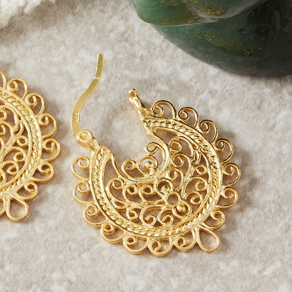 Gold filigree hoop best sale earrings