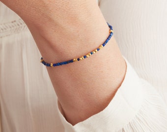 Blue Lapis Lazuli and Gold beaded Bracelet, Blue and Gold  Friendship Bracelet, Stacking Bracelet, 18K Gold  and Silver, Deep Blue bracelet