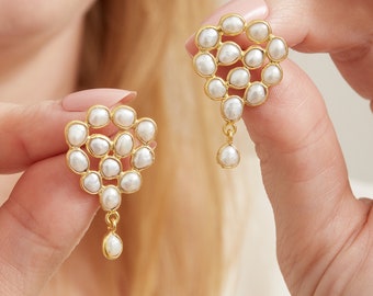 Pearl Stud Cluster Drop Earrings, Pearl and 18K Gold VermeilDrop Earrings, Pearl Cluster Drop Earrings, Pearl Statement Drop Earrings
