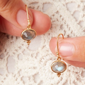 Grey Labradorite Oval Cut gemstone and Gold Drop Earrings, 18K Gold and Silver, Grey gemstone Drops image 3