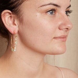 Labradorite Moonstone Aquamarine Gold Dangly Hoop Studs, Gemstone Hammered Gold Hoops, June Birthstone, March Birthstone, Gold Vermeil
