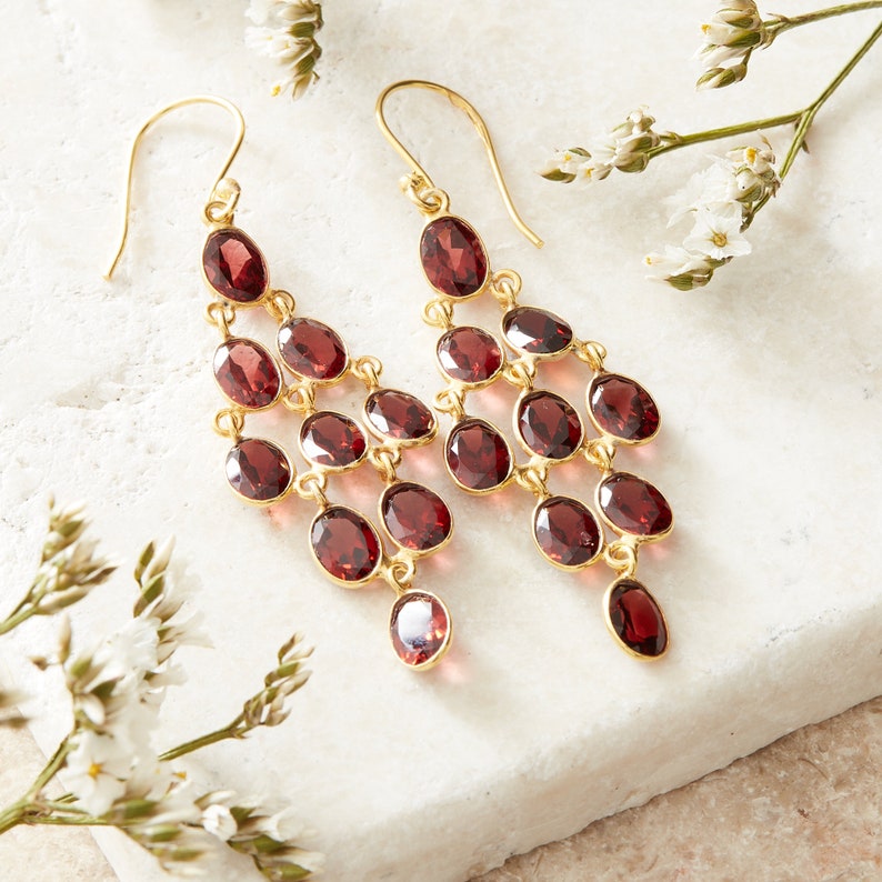 Garnet and Gold Chandelier Drop Earrings, Gemstone and Gold Chandelier Earrings, Chandelier Statement Earrings, January Birthstone Jewellery image 3