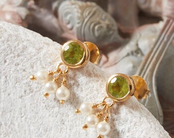 Green Peridot and White Pearl Gold and Silver Stud Drop earrings, August Birthstone