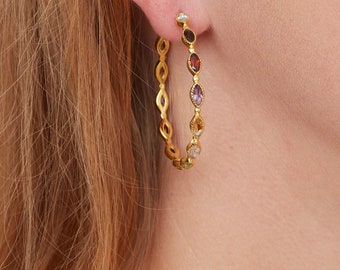 Multi-Gemstone and Gold Plated Textured Large Hoop Earrings, Emerald, Garnet and Tourmaline Hoop Earrings, 18K Gold Plated Sterling Silver