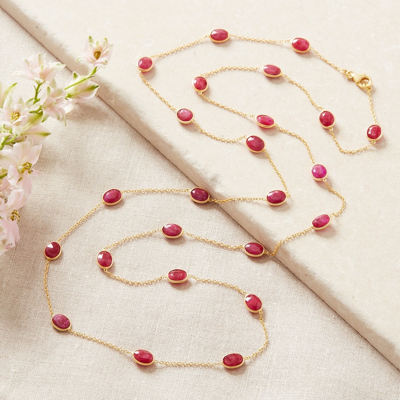 Ruby Pebble Gold Long Necklace, Ruby Layering Necklace, 18K Gold Plated Sterling Silver Chain Necklace, July Birthstone Necklace image 1