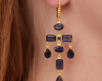 Iolite Multi-shaped Gold Plated Chandelier Earrings, 18K Gold Plated Sterling Silver, Deep Blue Statement Earrings, Party Earrings