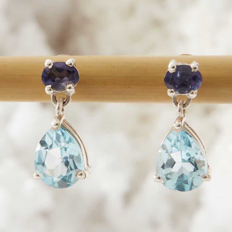 Blue Topaz and Sapphire Earrings, Blue Gemstone Drop Silver Earrings, December September Birthstone, Topaz Stud Back shops Earrings