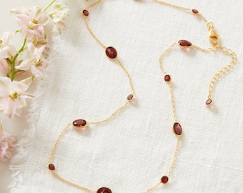 Garnet Pebble and 18K Gold Plated Sterling Silver Short Chain Necklace, January Birthstone Jewellery, Red and Gold Necklace