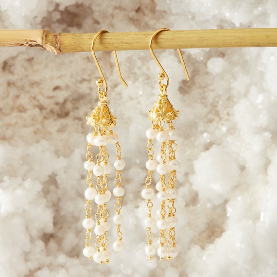 Seed Pearl Tassel Earrings Seed Pearl Drop Earrings Gold Wired