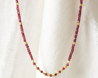 Red Garnet and Gold Beaded Short Layering Necklace, Red Beaded necklace with Gold details, Short Layering necklace, 18K Gold and Silver