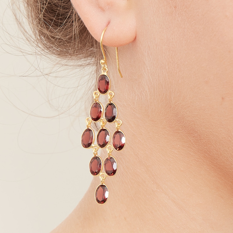 Garnet and Gold Chandelier Drop Earrings, Gemstone and Gold Chandelier Earrings, Chandelier Statement Earrings, January Birthstone Jewellery image 4