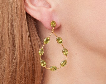 Peridot Stud Teardrop Earrings, Green Gemstone Studs Earrings, Teardrop Stud Earrings, August Birthstone Jewellery, 18K Gold and Silver