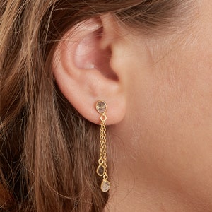 Diamond Slice Chain Dangle Stud Earrings: Gold Vermeil, April Birthstone