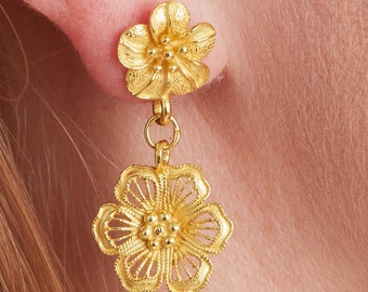 Gold Filigree Double Drop Flower Stud Earrings, 18K Gold Plated Sterling Silver, Floral Design Drop Earrings