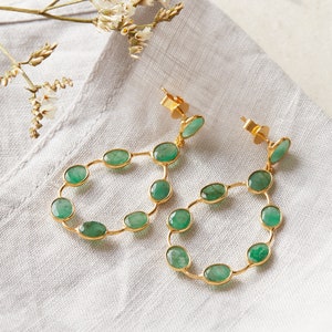 Emerald Stud Teardrop Earrings, Green Gemstone Earrings, 18K Gold and Silver, May Birthstone Jewellery image 1