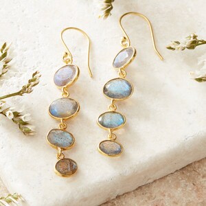 Garnet Gemstone Pebble Earrings, Red Gemstone Drop Earrings, 18K Gold and Silver, Deep Red Gemstone Long Drops Labradorite