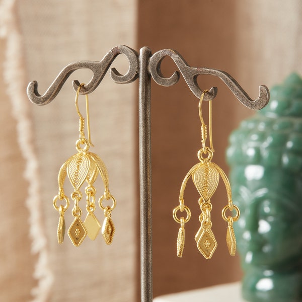 Gold Filigree Bell Shaped Drop Earrings, 18K Gold Plated Sterling Silver, Gold Plated Ethnic Earrings