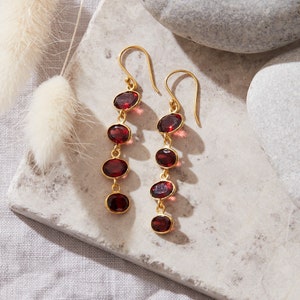 Garnet Gemstone Pebble Earrings, Red Gemstone Drop Earrings, 18K Gold and Silver, Deep Red Gemstone Long Drops