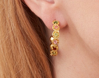 Textured Multi-coloured Tourmaline Hoop Earrings, Tourmaline Gemstone Earrings, Tourmaline and 18k Gold Plated Stud Hoop Earrings, Statement
