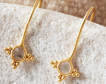 Champagne Diamond Slice Star Shaped Textured Gold Drop Earrings, 18K Gold and Sterling Silver, April Birthstone