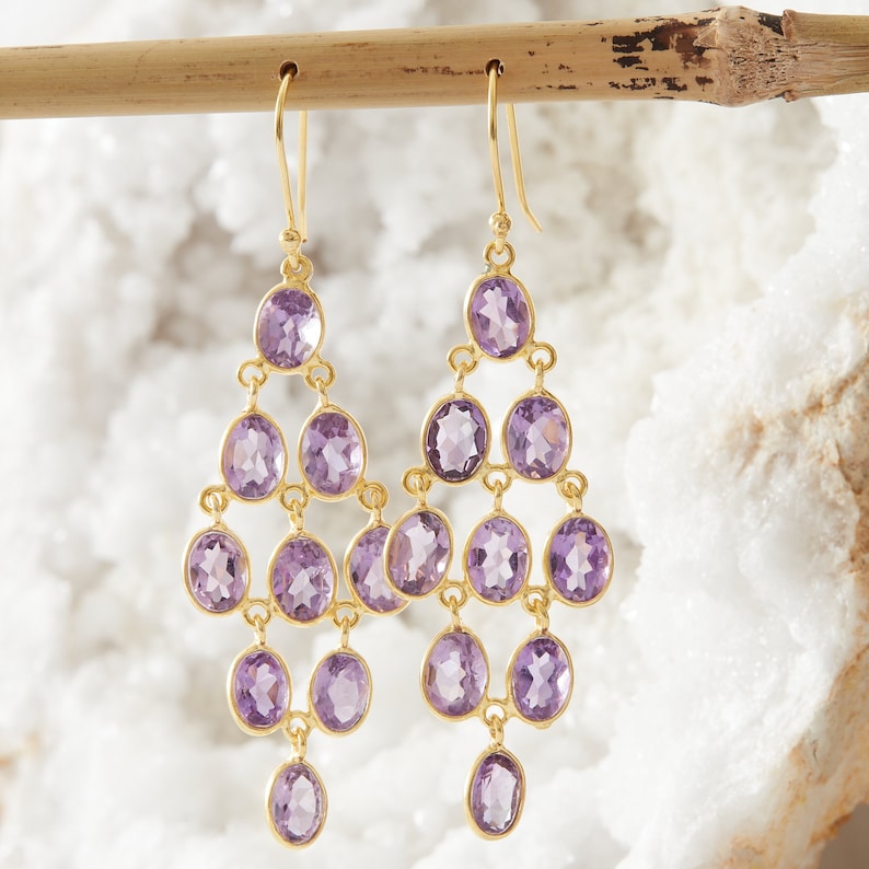 Amethyst statement earrings Gemstone gold chandelier earrings February birthstone Amethyst chandelier earrings Purple gemstone earrings