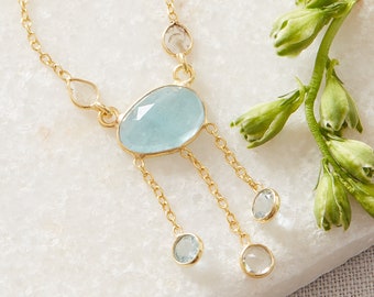 Aquamarine and Diamond Slice Pendant Necklace, 18K Gold Plated Sterling Silver, March Birthstone Jewellery, Pale Blue Chain Necklace