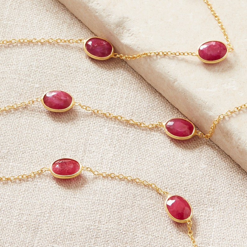 Ruby Pebble Gold Long Necklace, Ruby Layering Necklace, 18K Gold Plated Sterling Silver Chain Necklace, July Birthstone Necklace image 3