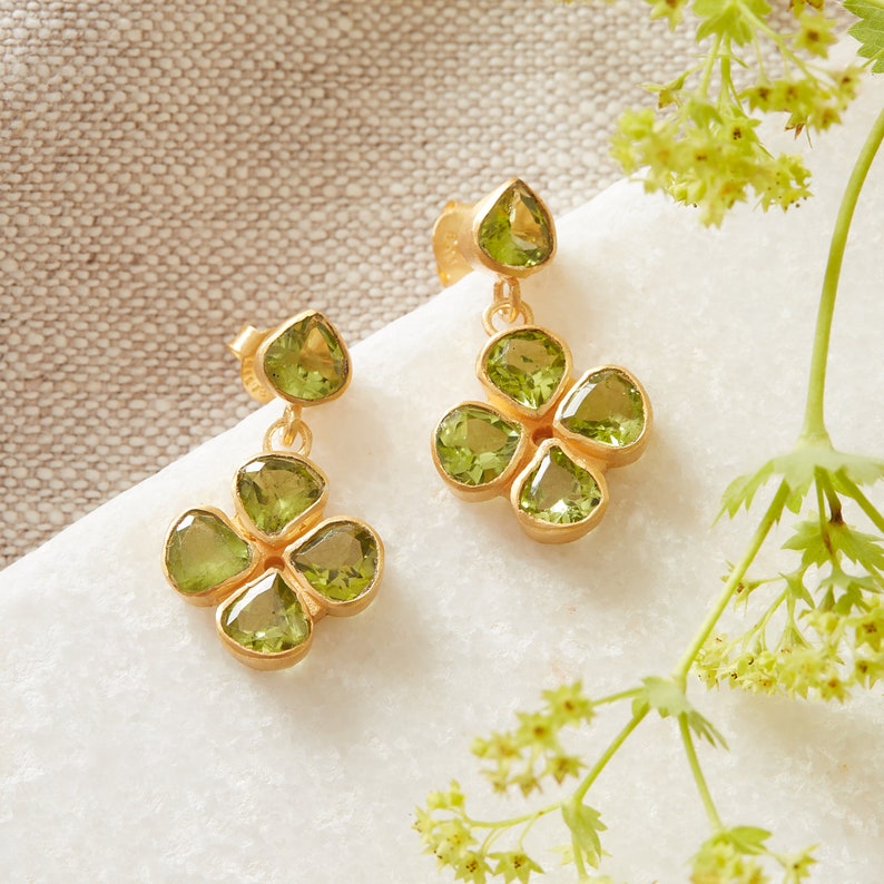 Green Peridot Clover Shaped Stud Drop Earrings, 18K Gold Plated Sterling Silver, August Birthstone Jewellery, Green Clover Stud Earrings image 4