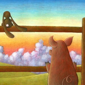 Illustrazione bambina. Stampa amicizia, TRAMONTO, maiale, coniglio. Decorazione camera bambini. Regalo nascita. Maialino, campagna. Ciacio