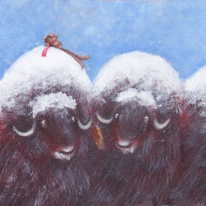 Illustrazione bambini, bue muschiato, coniglio. Decorazione camera bambini. Cameretta bebè. Stampa. Polo Nord, Artico, neve. Ciacio, animali