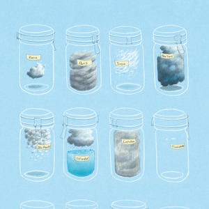 Illustration Druck. CLOUDS KOLLEKTION in Einmachgläsern. Reisegeschenk, Fernweh. Einweihungsgeschenk, blaues Dekor, Wohnwand. Stadt Druck, Reise