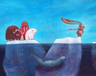 NURSERY DECOR, Animals illustration. Children room decor, Baby shower gift, Baby boy room art. ICEBERG print, Bunny, ice, North Pole, Arctic