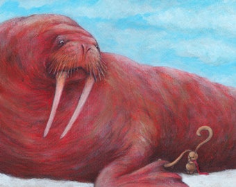 WALRUS print, ILLUSTRATION art, WINTER decor. Children room wall decor. Animals lover gift. Red Playroom. North Pole, Arctic print. Ciacio