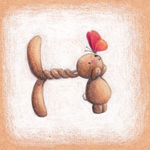 Pode incluir: Um coelho de desenho animado marrom com uma cauda longa segura uma borboleta vermelha acima de sua cabe&ccedil;a. O coelho &eacute; desenhado em um estilo simples com um fundo branco.