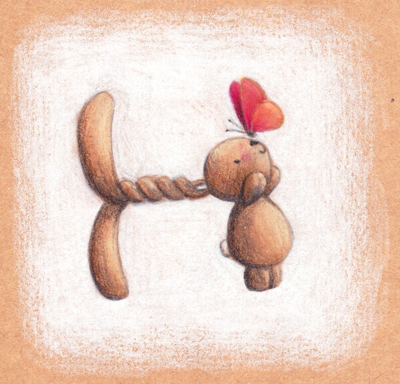 Pode incluir: Um coelho de desenho animado marrom com uma cauda longa segura uma borboleta vermelha acima de sua cabe&ccedil;a. O coelho &eacute; desenhado em um estilo simples com um fundo branco.