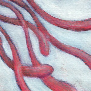 May include: Abstract painting with red, pink, and purple lines on a white background.