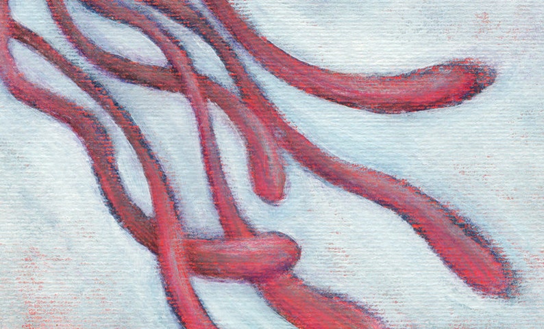 May include: Abstract painting with red, pink, and purple lines on a white background.